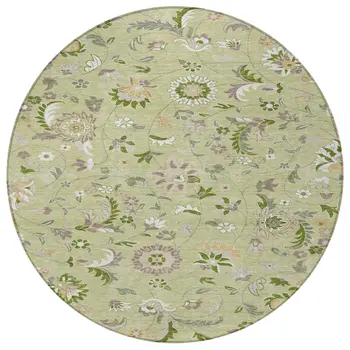 8' Artichoke Green Gray And Brown Round Floral Washable Indoor Outdoor Area Rug