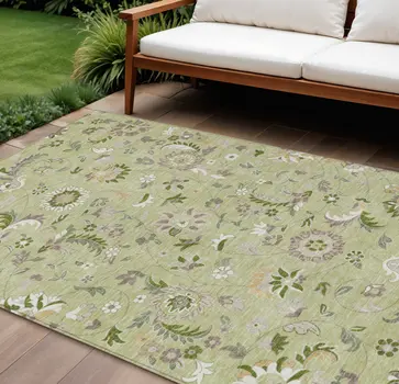 8' X 10' Artichoke Green Gray And Brown Floral Washable Indoor Outdoor Area Rug