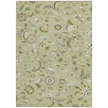 9' X 12' Artichoke Green Gray And Brown Floral Washable Indoor Outdoor Area Rug