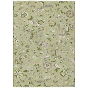 9' X 12' Artichoke Green Gray And Brown Floral Washable Indoor Outdoor Area Rug