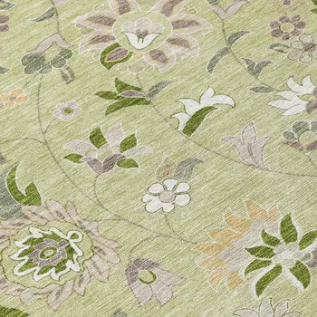 9' X 12' Artichoke Green Gray And Brown Floral Washable Indoor Outdoor Area Rug