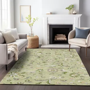 9' X 12' Artichoke Green Gray And Brown Floral Washable Indoor Outdoor Area Rug