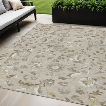 5' X 8' Beige Brown And Gray Floral Washable Indoor Outdoor Area Rug