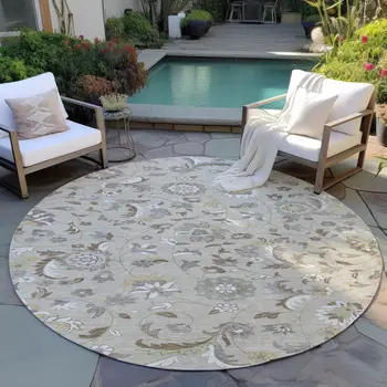 8' Beige Brown And Gray Round Floral Washable Indoor Outdoor Area Rug