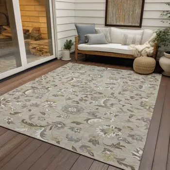 8' X 10' Beige Brown And Gray Floral Washable Indoor Outdoor Area Rug
