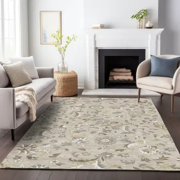 8' X 10' Beige Brown And Gray Floral Washable Indoor Outdoor Area Rug