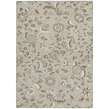 10' X 14' Beige Brown And Gray Floral Washable Indoor Outdoor Area Rug