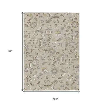 10' X 14' Beige Brown And Gray Floral Washable Indoor Outdoor Area Rug