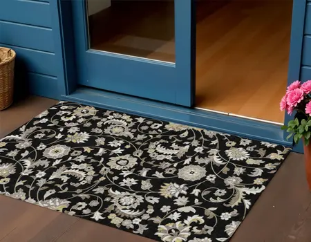 3' X 5' Black Beige And Ivory Floral Washable Indoor Outdoor Area Rug
