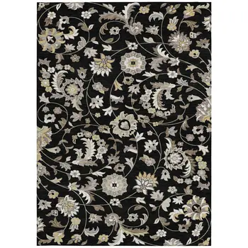 3' X 5' Black Beige And Ivory Floral Washable Indoor Outdoor Area Rug