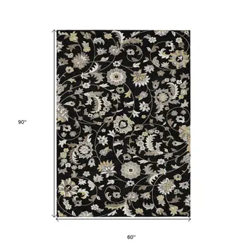 5' X 8' Black Beige And Ivory Floral Washable Indoor Outdoor Area Rug