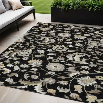 5' X 8' Black Beige And Ivory Floral Washable Indoor Outdoor Area Rug