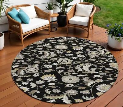 8' Black Beige And Ivory Round Floral Washable Indoor Outdoor Area Rug