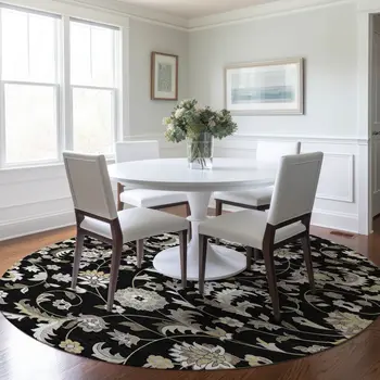 8' Black Beige And Ivory Round Floral Washable Indoor Outdoor Area Rug