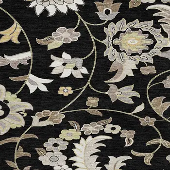 8' Black Beige And Ivory Round Floral Washable Indoor Outdoor Area Rug