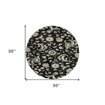 8' Black Beige And Ivory Round Floral Washable Indoor Outdoor Area Rug