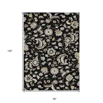 8' X 10' Black Beige And Ivory Floral Washable Indoor Outdoor Area Rug