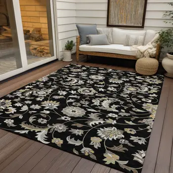 8' X 10' Black Beige And Ivory Floral Washable Indoor Outdoor Area Rug