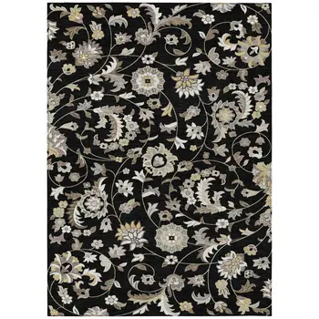 8' X 10' Black Beige And Ivory Floral Washable Indoor Outdoor Area Rug