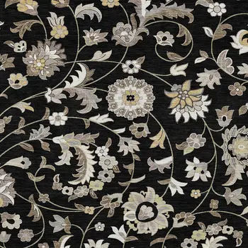 8' X 10' Black Beige And Ivory Floral Washable Indoor Outdoor Area Rug