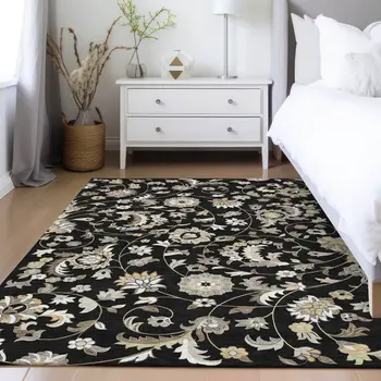 8' X 10' Black Beige And Ivory Floral Washable Indoor Outdoor Area Rug