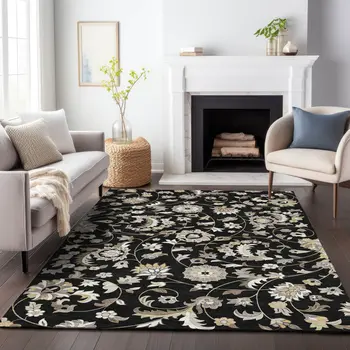 9' X 12' Black Beige And Ivory Floral Washable Indoor Outdoor Area Rug
