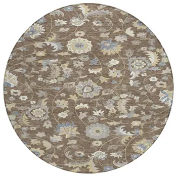 8' Chocolate Beige And Blue Round Floral Washable Indoor Outdoor Area Rug