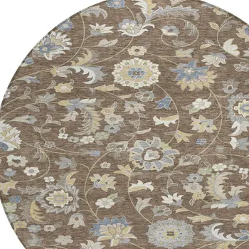 8' Chocolate Beige And Blue Round Floral Washable Indoor Outdoor Area Rug