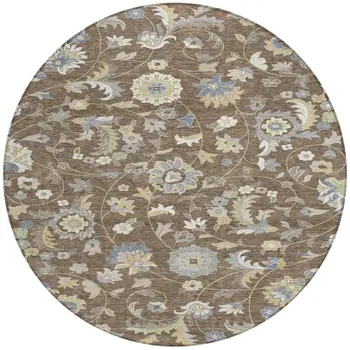 8' Chocolate Beige And Blue Round Floral Washable Indoor Outdoor Area Rug