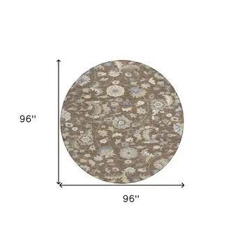 8' Chocolate Beige And Blue Round Floral Washable Indoor Outdoor Area Rug