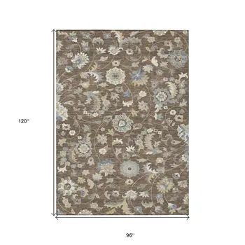 8' X 10' Chocolate Beige And Blue Floral Washable Indoor Outdoor Area Rug