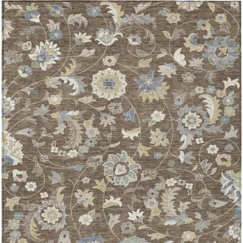 9' X 12' Chocolate Beige And Blue Floral Washable Indoor Outdoor Area Rug