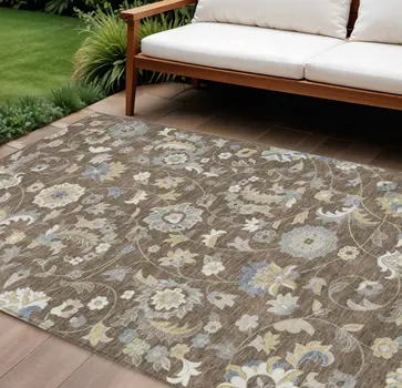 9' X 12' Chocolate Beige And Blue Floral Washable Indoor Outdoor Area Rug