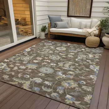 9' X 12' Chocolate Beige And Blue Floral Washable Indoor Outdoor Area Rug