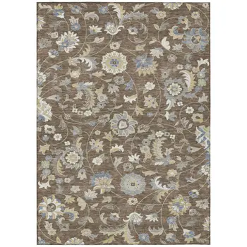 9' X 12' Chocolate Beige And Blue Floral Washable Indoor Outdoor Area Rug