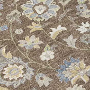 9' X 12' Chocolate Beige And Blue Floral Washable Indoor Outdoor Area Rug