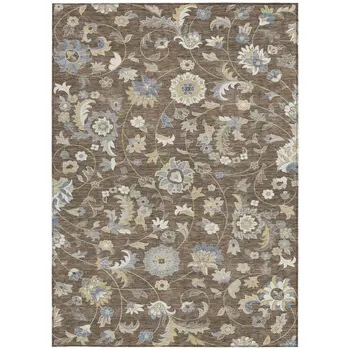 10' X 14' Chocolate Beige And Blue Floral Washable Indoor Outdoor Area Rug