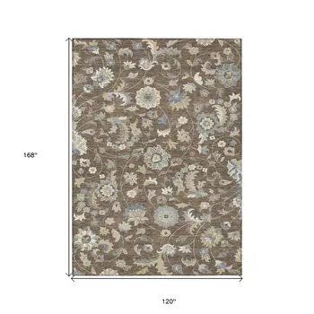 10' X 14' Chocolate Beige And Blue Floral Washable Indoor Outdoor Area Rug
