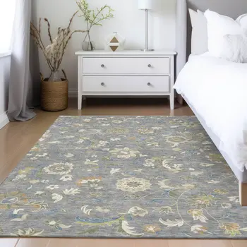 3' X 5' Gray Blue And Green Floral Washable Indoor Outdoor Area Rug