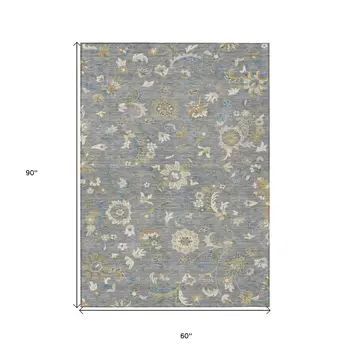 5' X 8' Gray Blue And Green Floral Washable Indoor Outdoor Area Rug