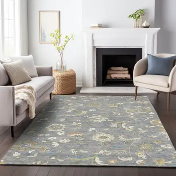 5' X 8' Gray Blue And Green Floral Washable Indoor Outdoor Area Rug