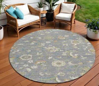 8' Gray Blue And Green Round Floral Washable Indoor Outdoor Area Rug