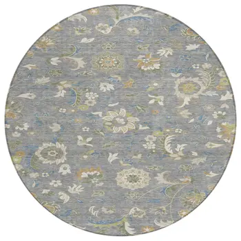 8' Gray Blue And Green Round Floral Washable Indoor Outdoor Area Rug