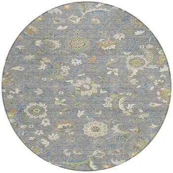 8' Gray Blue And Green Round Floral Washable Indoor Outdoor Area Rug