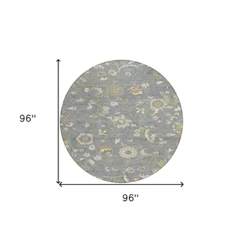 8' Gray Blue And Green Round Floral Washable Indoor Outdoor Area Rug