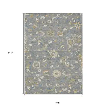 9' X 12' Gray Blue And Green Floral Washable Indoor Outdoor Area Rug