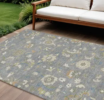 9' X 12' Gray Blue And Green Floral Washable Indoor Outdoor Area Rug