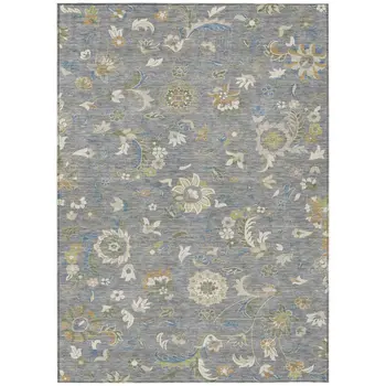 9' X 12' Gray Blue And Green Floral Washable Indoor Outdoor Area Rug