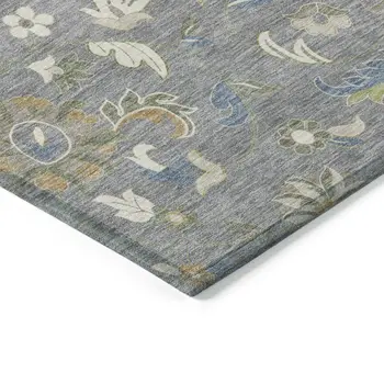 9' X 12' Gray Blue And Green Floral Washable Indoor Outdoor Area Rug