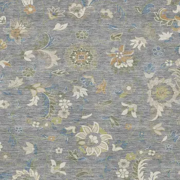 9' X 12' Gray Blue And Green Floral Washable Indoor Outdoor Area Rug